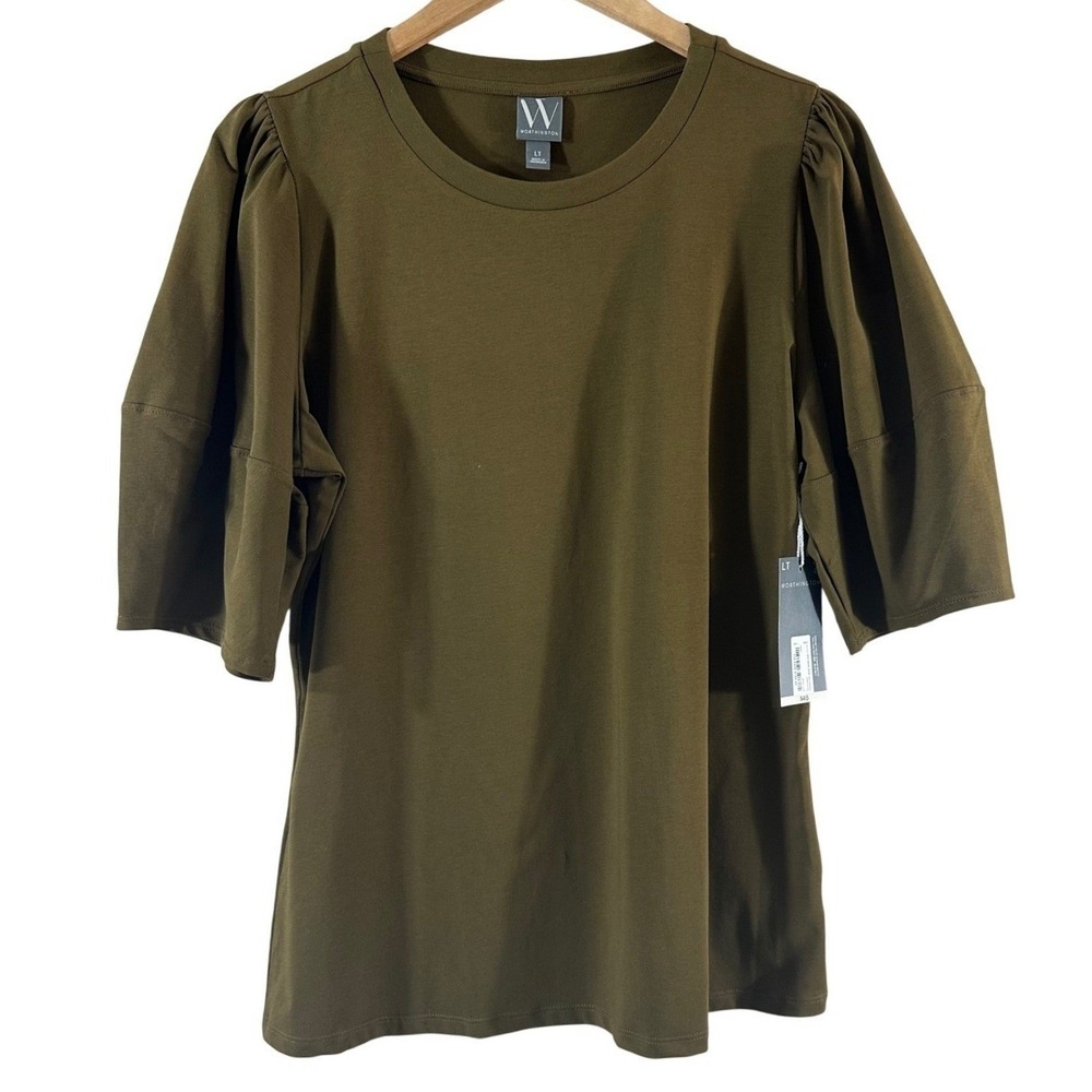 Worthington Womens Puff Sleeve T-Shirt British Olive Green Crew Neck LT NEW